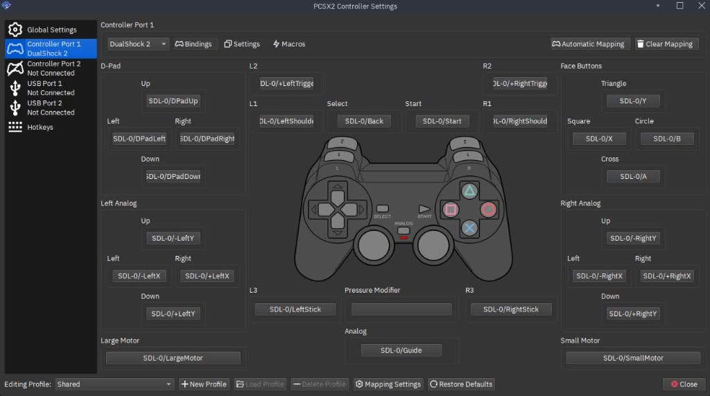Настройки контроллера PCSX2: назначение кнопок DualShock 2 в тёмном интерфейсе Qt